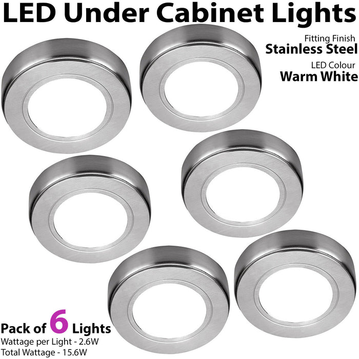 6x 2.6W LED Kitchen Cabinet Surface Spot Lights & Driver Kit Steel Warm White Loops