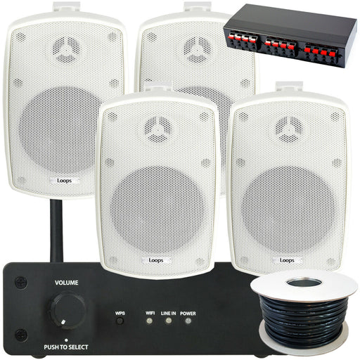 Outdoor Wi Fi Speaker Kit 4x 60W White IP44 Stereo Amplifier Garden BBQ Party