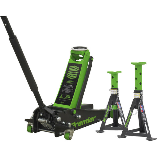 Twin Piston Hydraulic Trolley Jack & 2 x Axle Stands Kit - 3000kg Limit - Green Loops
