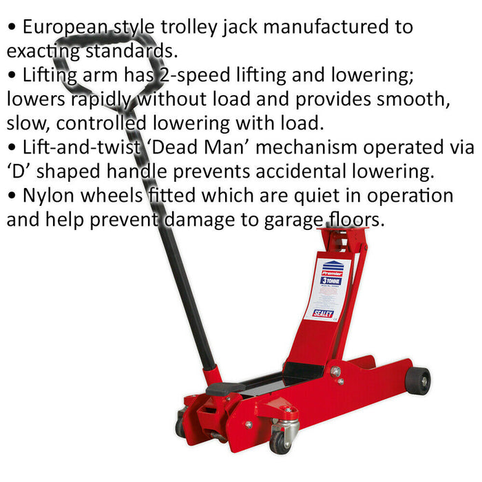 European Style Trolley Jack - 3 Tonne Capacity - 610mm Max Height - Foot Pedal Loops
