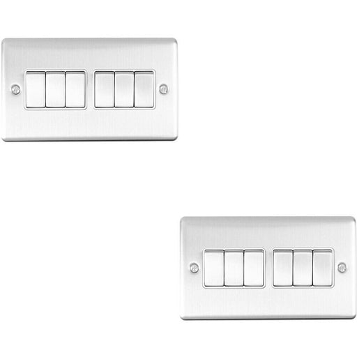 2 PACK 6 Gang Metal Multi Light Switch SATIN STEEL 2 Way 10A White Trim Loops