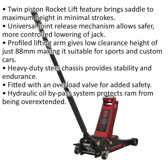 Low Entry Trolley Jack - 2500kg Weight Limit - Twin Piston - 495mm Max Height Loops