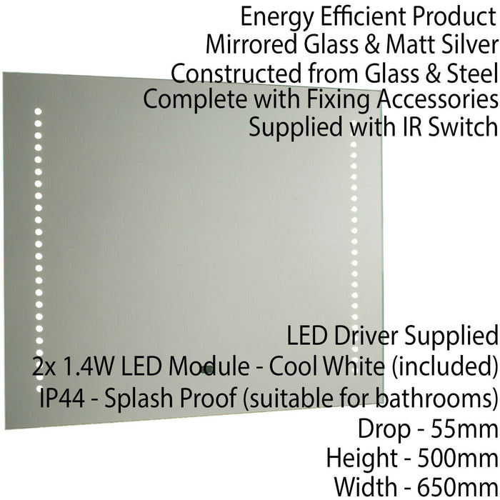 IP44 LED Bathroom Mirror 50cm x 60cm Vanity Light IR Switch & Dual Shaver Socket Loops