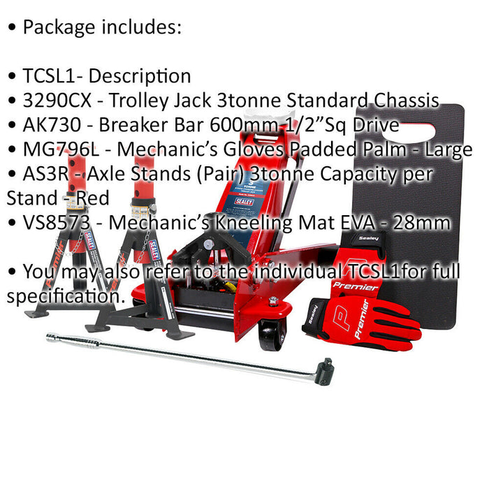 Hydraulic Trolley Jack Kit - Breaker Bar - Axle Stands - Mechanics Gloves & Mat Loops