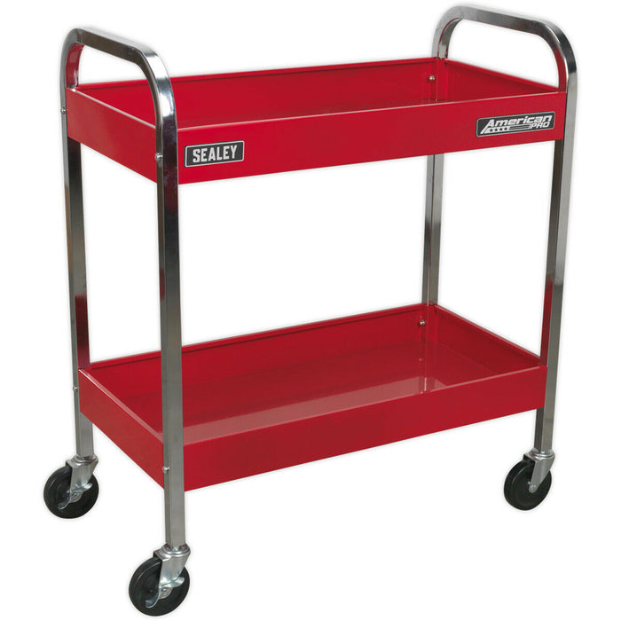 Heavy Duty 2 Level Workshop Trolley - 75kg Per Shelf - Four Castor Wheels Loops