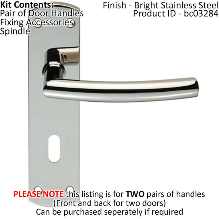 2x Curved Bar Lever Door Handle on Lock Backplate 172 x 44mm Polished Steel Loops