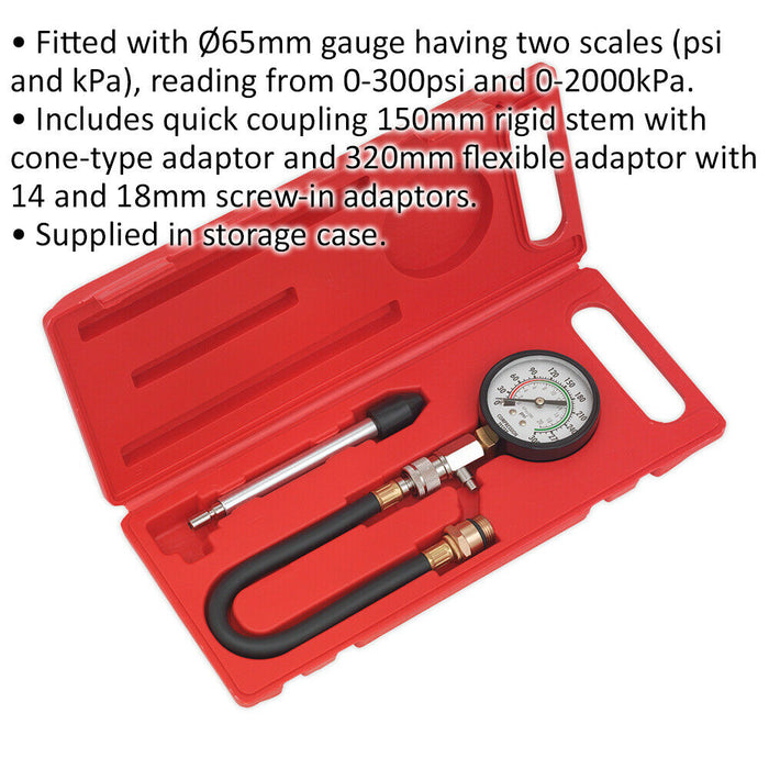 3 Piece Petrol Engine Compression Test Kit - 65mm Gauge - Quick Coupling Loops