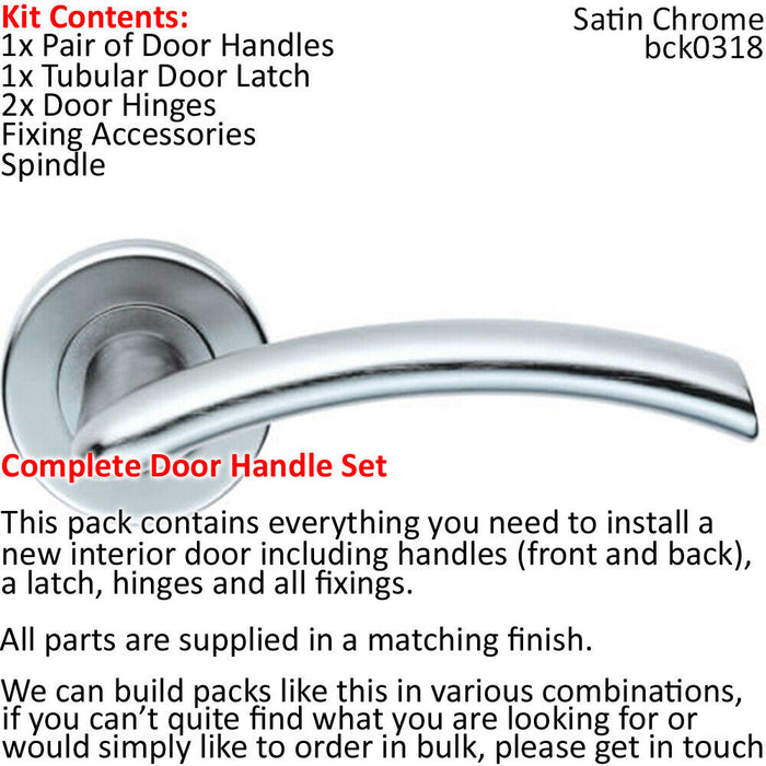 Door Handle & Latch Pack Satin Chrome Modern Arch Lever Screwless Round Rose Loops