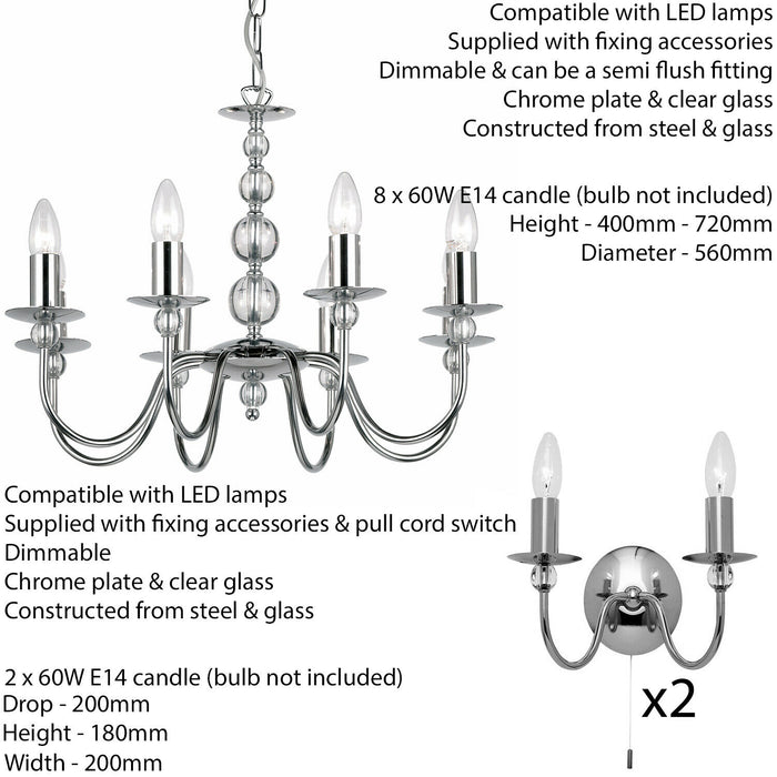 8 Bulb Ceiling Pendant Lamp & 2x Matching Twin Wall Light Chrome & Clear Glass Loops
