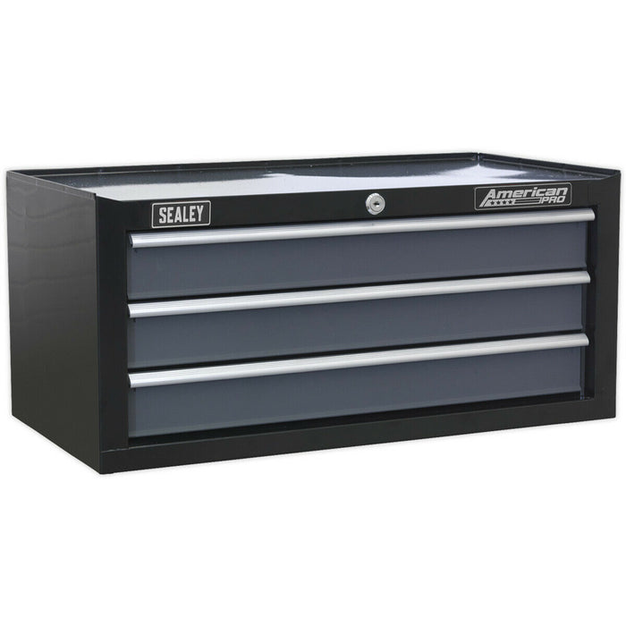 605 x 310 x 275mm BLACK 3 Drawer MID-BOX Tool Chest Lockable Storage Cabinet Loops