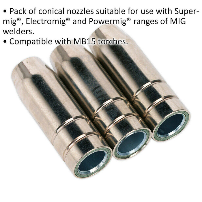 3 PACK Conical Nozzles for MB15 Welding Torches - MIG Welding Nozzle Shroud Loops