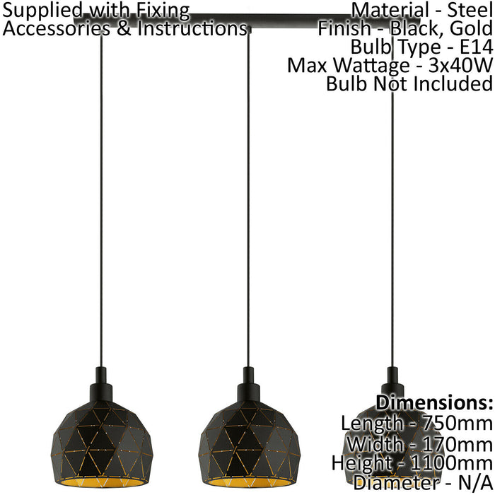 Pendant Ceiling Light Colour Black Faceted Gold Inner Shade Bulb E14 3x40W Loops