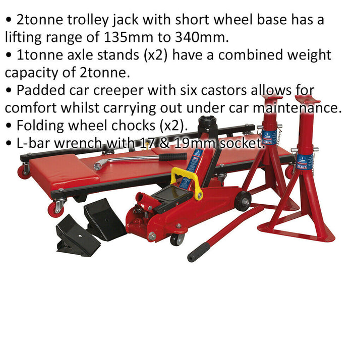 5 Piece 2 Tonne Trolley Jack Set - Jack Axle Stands & Chocks - Mechanics Creeper Loops
