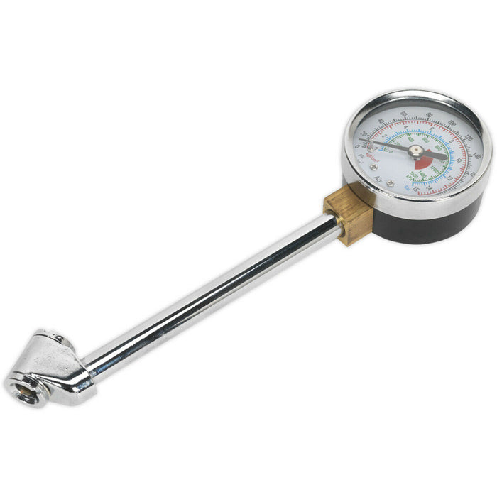 220psi Premium Tyre Pressure Gauge - Twin Connector Long Reach Arm & Metal Body Loops