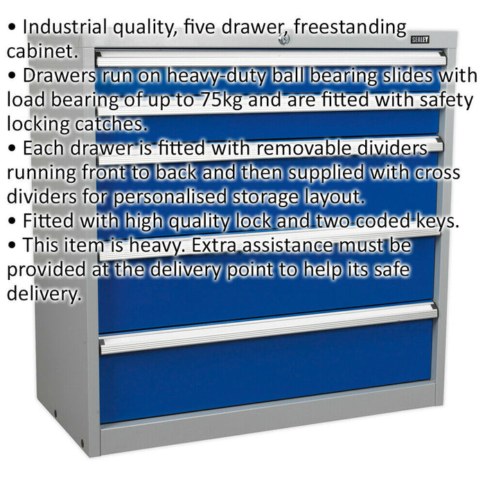 5 Drawer Industrial Cabinet - 900 x 450 x 900mm - Heavy Duty BB Drawer Slides Loops