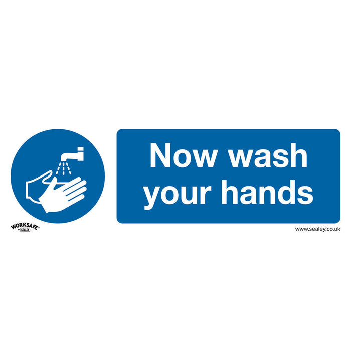 10x NOW WASH YOUR HANDS Health & Safety Sign - Self Adhesive 300 x 100mm Sticker Loops