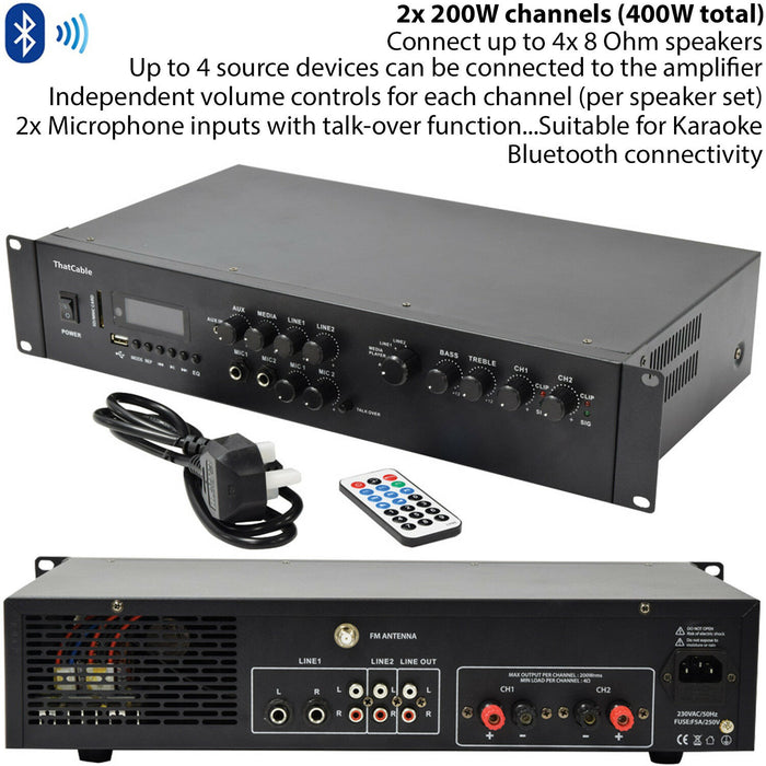 400W Stereo Bluetooth Amplifier 2 Channel Mixer HiFi Amp Wireless Loudspeaker Loops