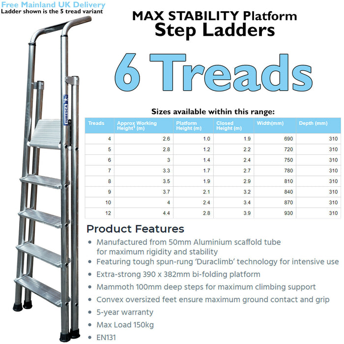 1.4m MAX STABILITY Platform Step Ladders 6 Tread Anti Slip Aluminium DIY Steps Loops
