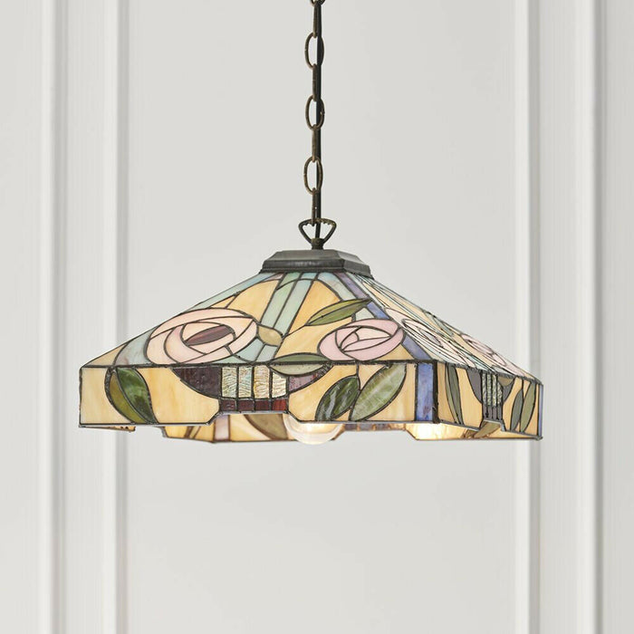 Tiffany Glass Hanging Ceiling Pendant Light Bronze & Square Rose Shade i00156 Loops