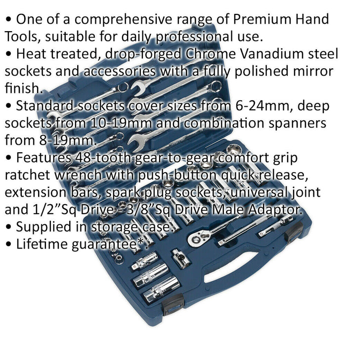 46pc PREMIUM Deep Socket & Ratchet Handle Set - 3/8" Square Drive 6 Point Metric Loops