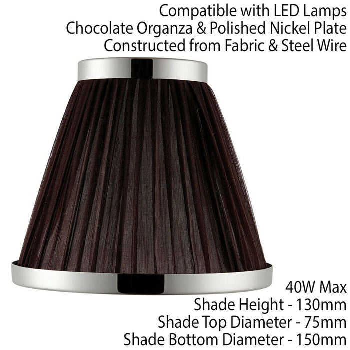 6" Luxury Round Tapered Lamp Shade Brown Pleated Organza Fabric & Bright Nickel Loops