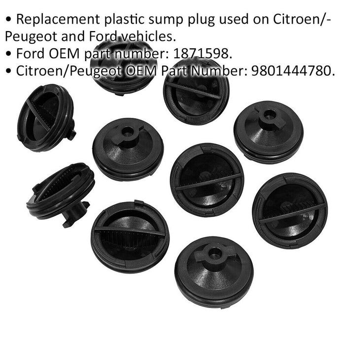 10 PACK Plastic Sump Plug - Replacement Plug for Ford Citroen & Peugeot Vehicles Loops