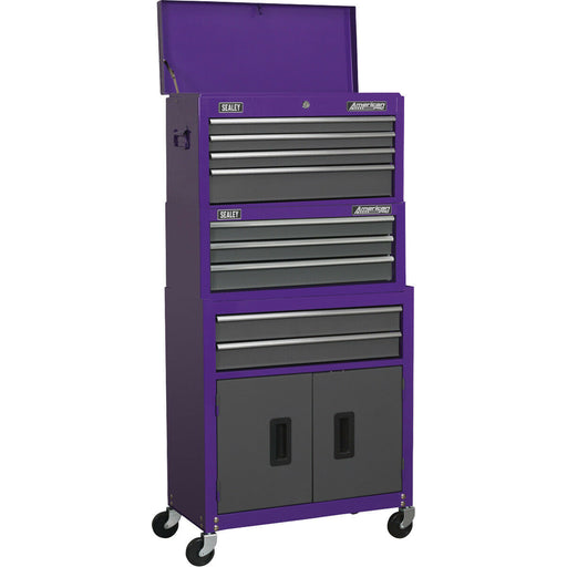 615 x 295 x 1295mm PURPLE 9 Drawer Topchest Rollcab Combination Tool Chest Unit Loops