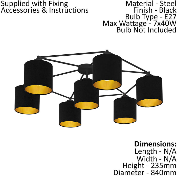 Wall Flush Ceiling Light Colour Black Shade Black Gold Fabric Bulb E27 7x40W Loops