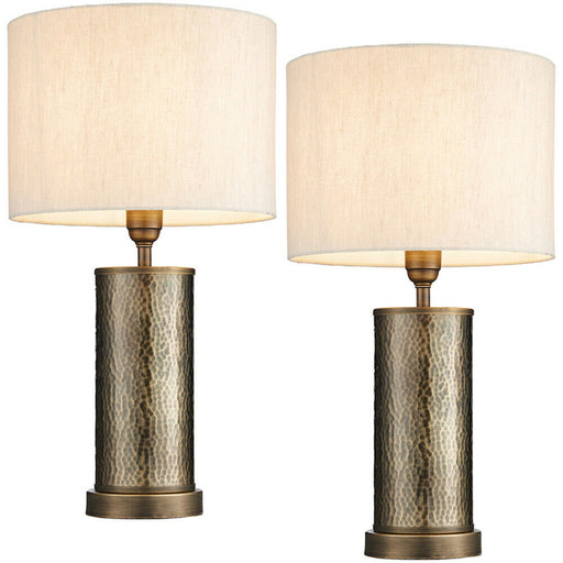 2 PACK Hammered Bronze Table Lamp Aged Metal & Off White Shade Bedside Light Loops