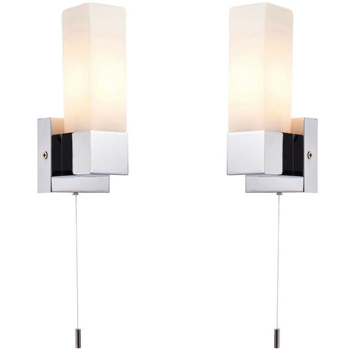 2 PACK IP44 Bathroom Wall Light Chrome & Frosted Glass Modern Rectangle Fitting Loops