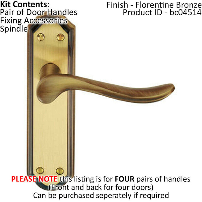 4x PAIR Curved Handle on Sculpted Latch Backplate 180 x 48mm Florentine Bronze Loops