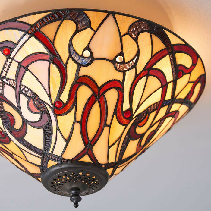 Tiffany Glass Flush Ceiling Light - Dimmable LED Lamp - 2 x 60W E27 GLS Required Loops