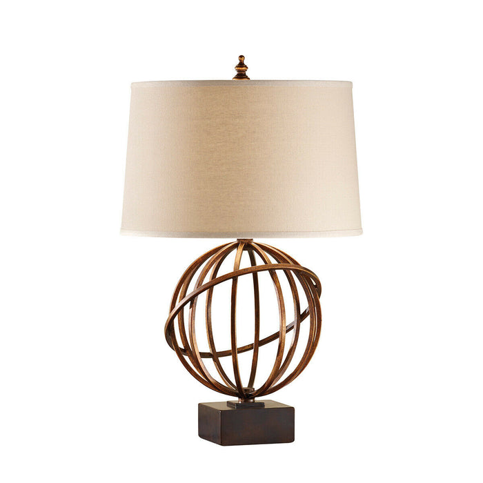 Table Lamp Tilted Orb Design Dark Tan Linen Shade Firenze Gold LED E27 60W Loops