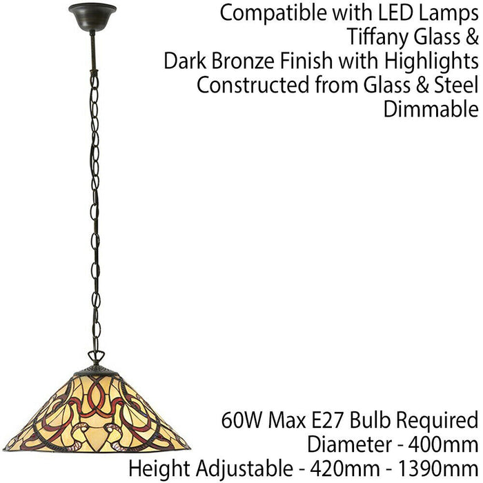 Tiffany Glass Hanging Ceiling Pendant Light Dark Bronze Cream Lamp Shade i00150 Loops