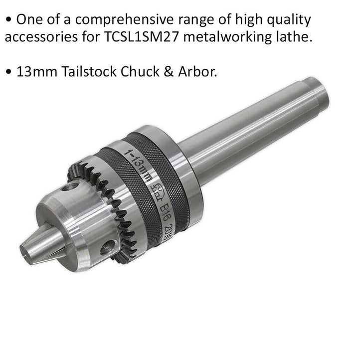 13mm Tailstock Chuck & Arbor - Suitable for ys08834 6 Speed Metalworking Lathe Loops