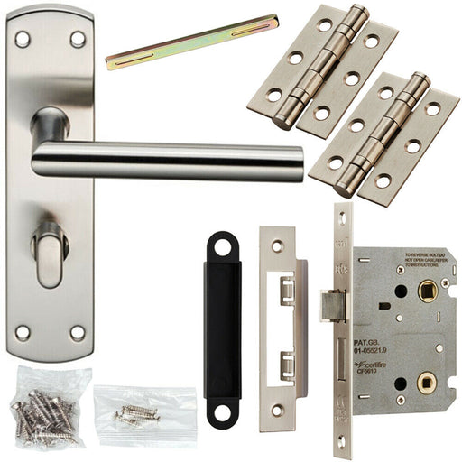 Door Handle & Bathroom Lock Pack Satin Nickel Modern Mitred Round Bar Backplate Loops