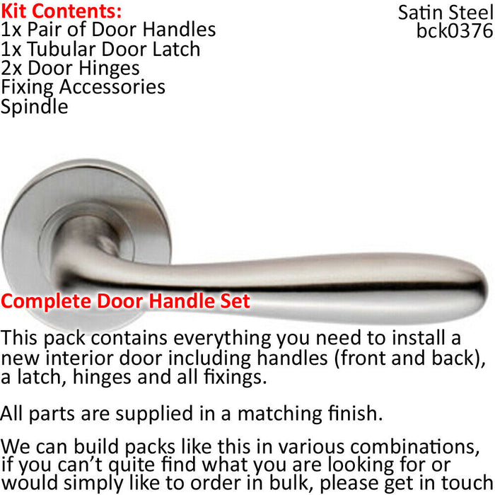 Door Handle & Latch Pack Satin Steel Modern Flared Lever Screwless Round Rose Loops