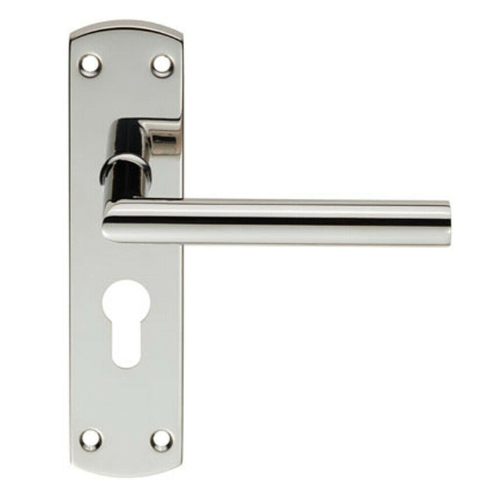 2x Mitred Lever Door Handle on Euro Lock Backplate 172 x 44mm Polished Steel Loops