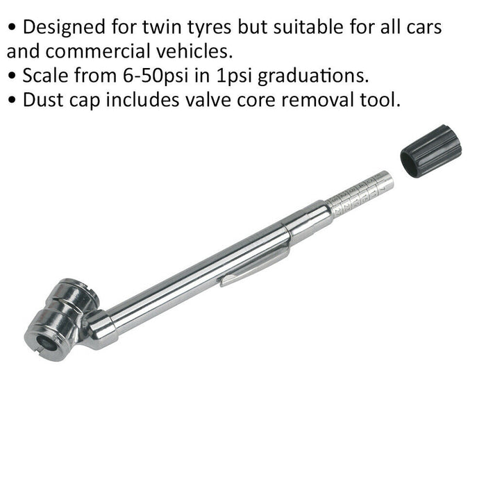 50psi Premium Universal Tyre Pressure Gauge - Twin Connector & Core Removal Tool Loops