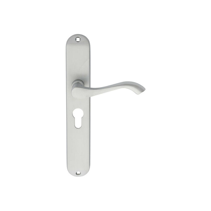 2x PAIR Curved Handle on Long Slim Euro Lock Backplate 241 x 40mm Satin Chrome Loops