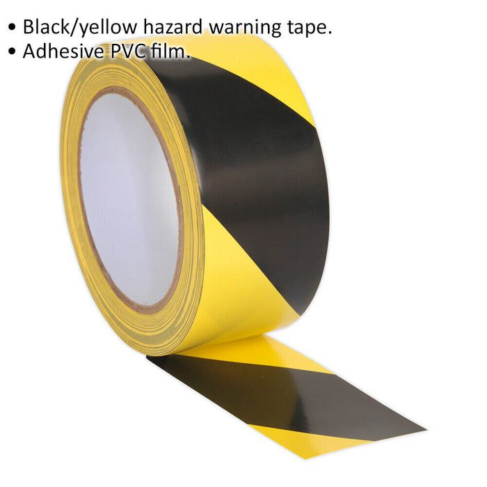50mm x 33m Black & Yellow Adhesive Warning Tape - Hazard Safety Marking Corden Loops