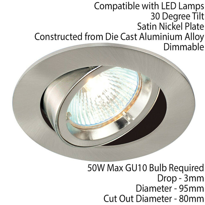 TILTING Round Recess Ceiling Down Light Satin Nickel 95mm Flush GU10 Fitting Loops