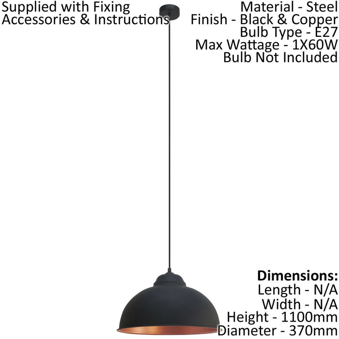 Hanging Ceiling Pendant Light Black & Copper Dome Bowl Shade 1 x 60W E27 Bulb Loops