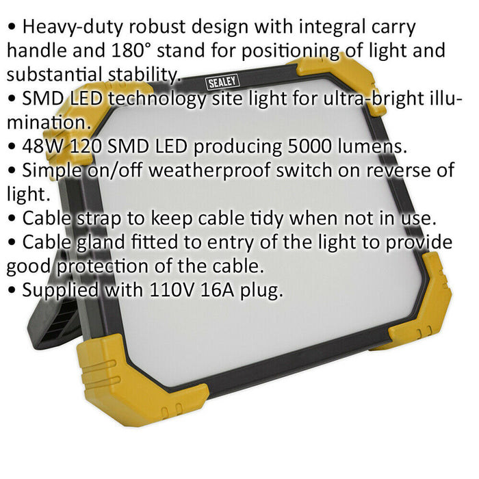 Heavy Duty Site Light - 48W SMD LED - Carry Handle & Folding Stand - 110V Supply Loops