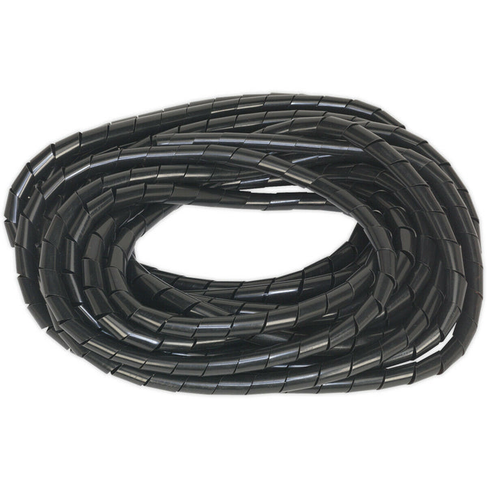 10m Black Spiral Wrap Cable Sleeving - 14 to 28mm Diameter - Abrasion Resistant Loops