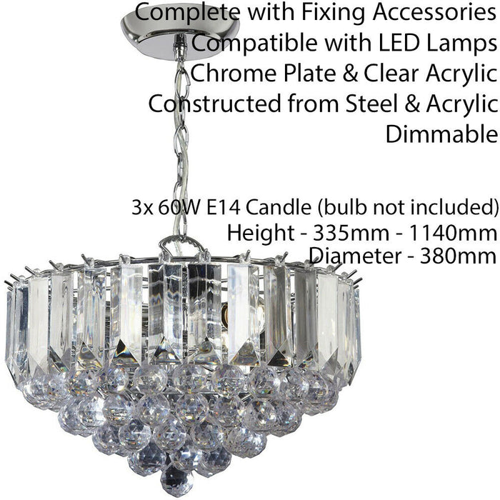 3 Light Chandelier Pendant CHROME CLEAR Shade Hanging Ceiling Feature Lamp Bulb Loops