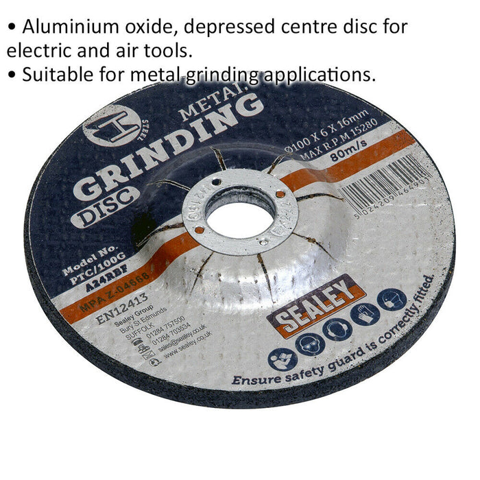 Aluminium Oxide DPC Metal Grinding Disc - 100 x 6mm - 16mm Bore Depressed Centre Loops