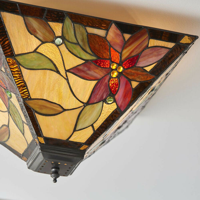 Tiffany Glass Semi Flush Ceiling Light Red Flower Inverted Square Shade i00053 Loops