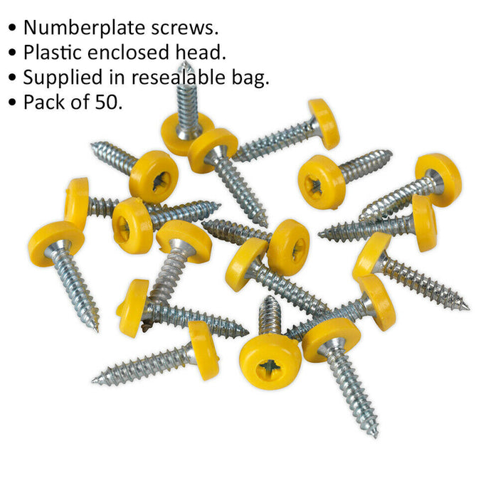 50 PACK 4.8 x 24mm Yellow Numberplate Screw - Plastic Enclosed Head Fixings Loops