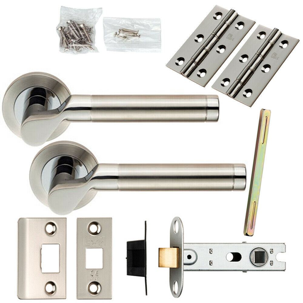 Door Handle & Latch Pack Polished & Satin Steel Cranked Bar Screwless Rose Loops